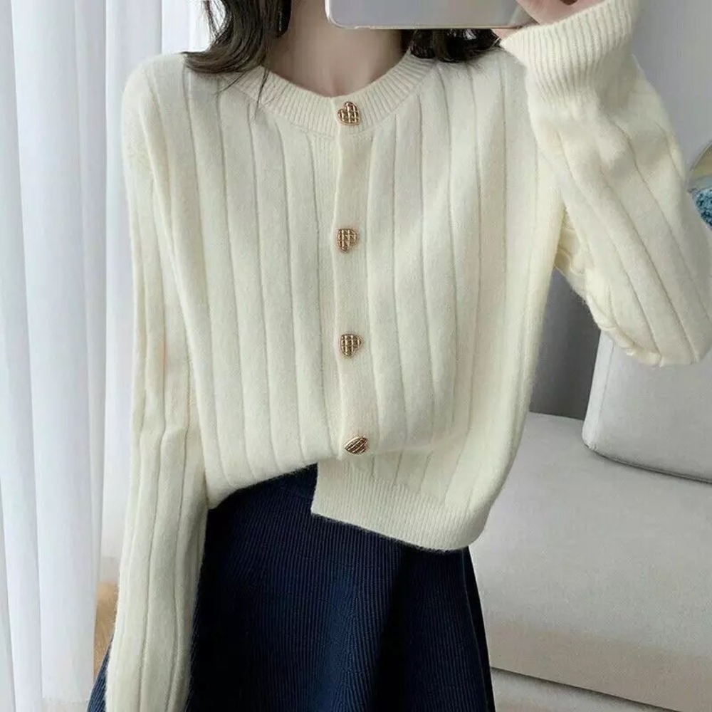 Cream cardigan sweater white heart button long sleeve womens